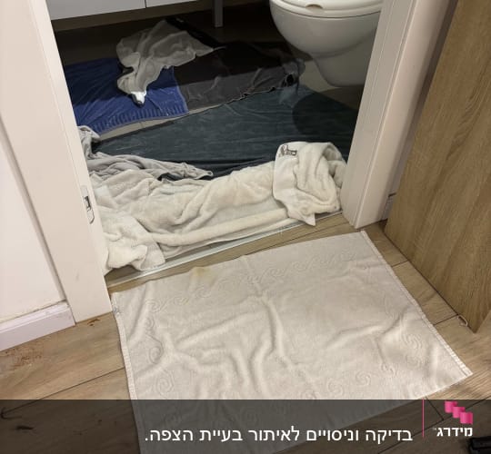 מגבות על רצפת חדר אמבטיה ליד אסלה